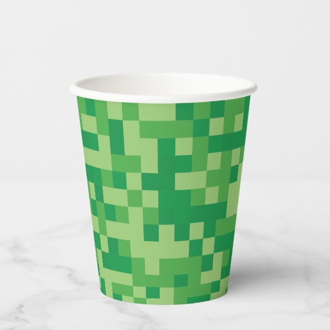 Gobelets En Papier Fête d'anniversaire de jeu vidéo pixelisé vert (Recto)