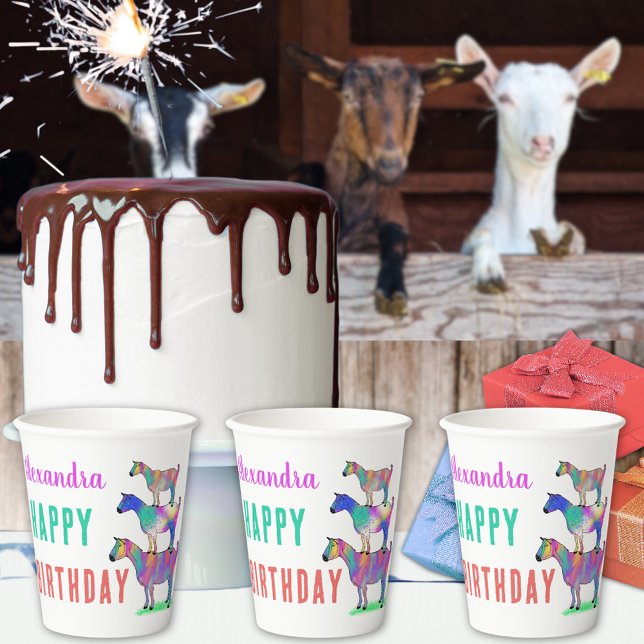 Gobelets En Papier Fête d'anniversaire de la ferme des chèvres (Cute goat stack colorful animal art custom birthday party paper cups watercolor farm animals)