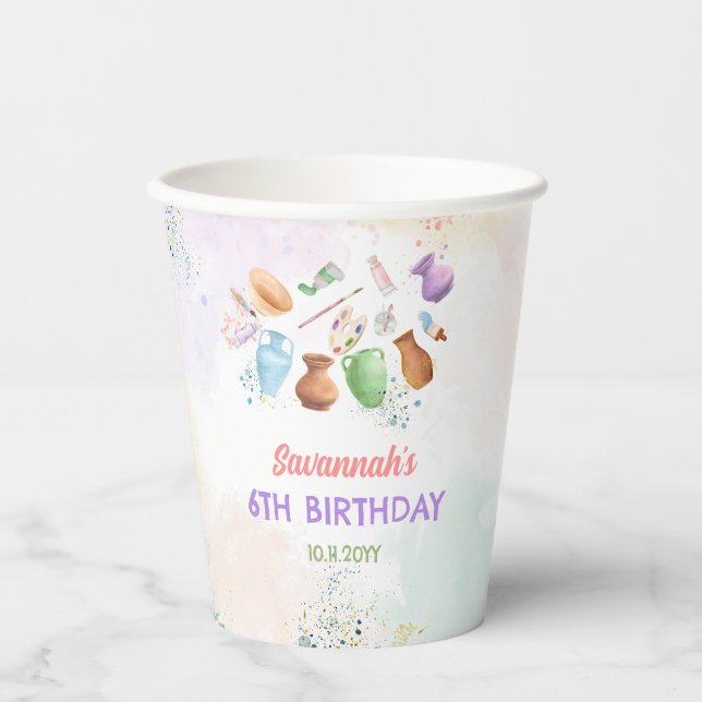 Gobelets En Papier Fête d'anniversaire de peinture de poterie (Recto)