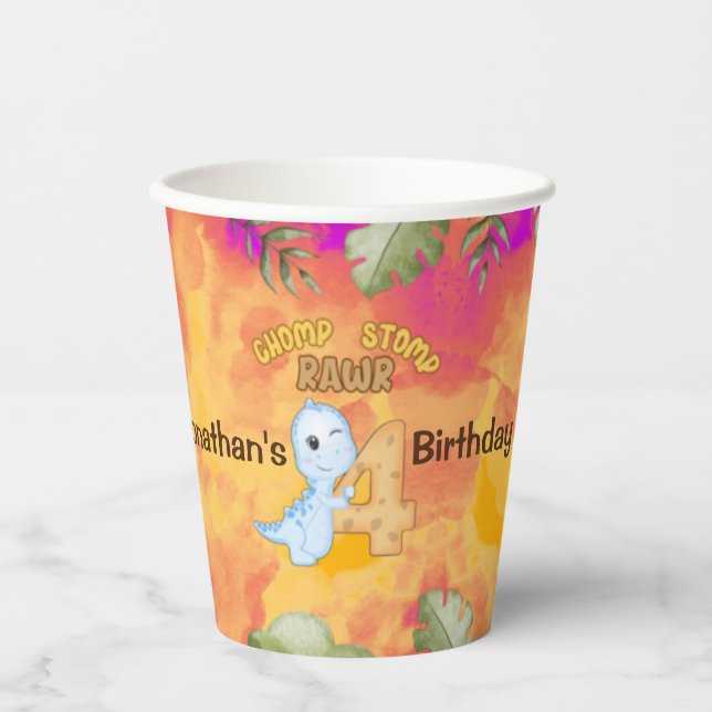 Gobelets En Papier Fête d'anniversaire des 4 ans Dinosaur Stomp Chomp (Recto)