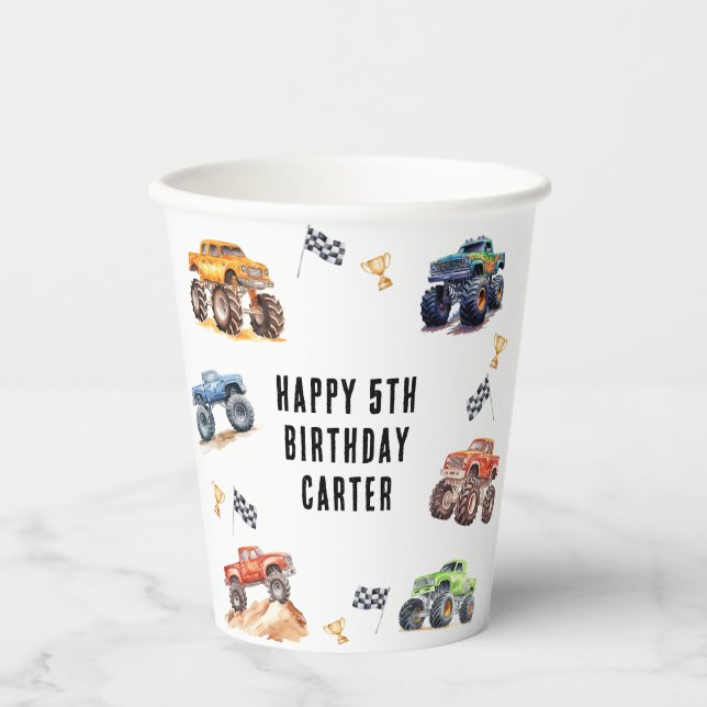 Gobelets En Papier Fête d'anniversaire des Enfants Monster Trucks (Recto)