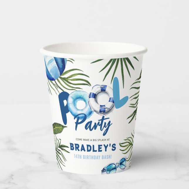 Gobelets En Papier Fête d'anniversaire garçon piscine mec cool  (Recto)