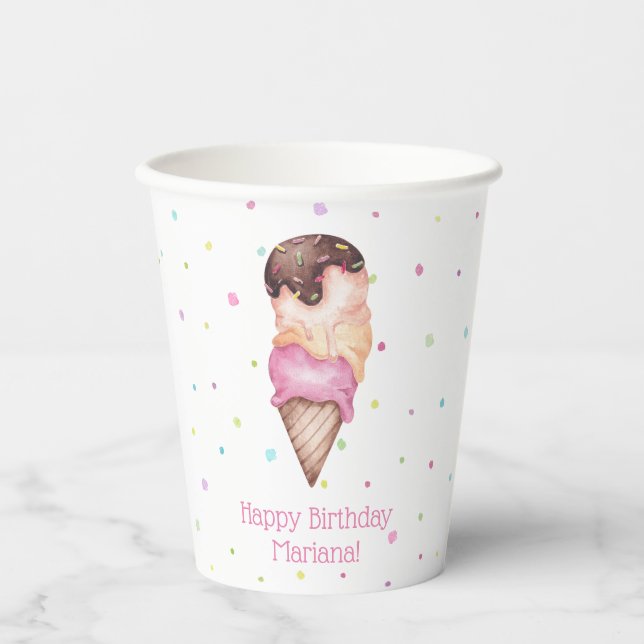 Gobelets En Papier Fête d'anniversaire Glaces Filles Roses (Recto)
