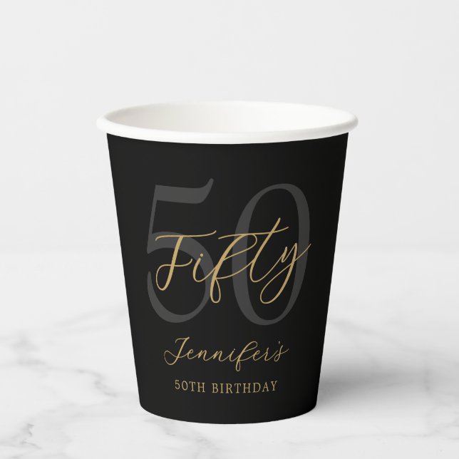 Gobelets En Papier Fête d'anniversaire moderne Black and Gold Elegant (Recto)