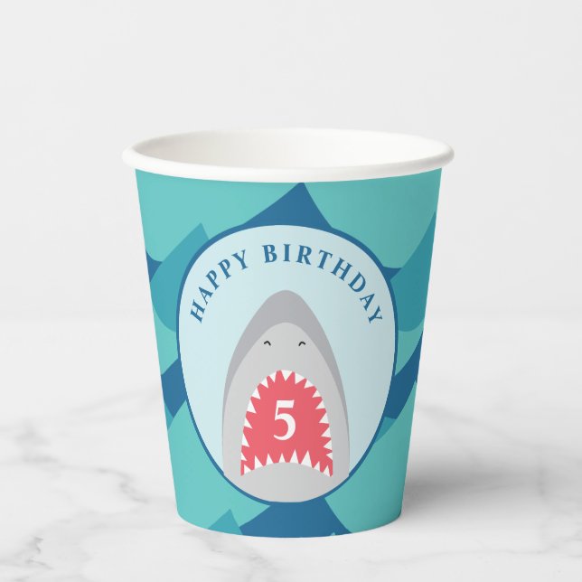 Gobelets En Papier Fête d'anniversaire requin (Recto)