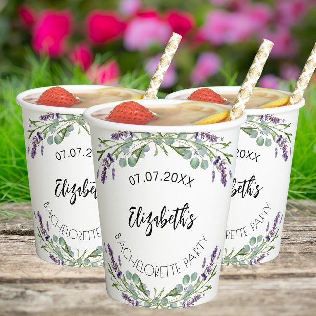 Gobelets En Papier Fête de Bachelorette avec eucalyptus lavande (Créateur téléchargé)