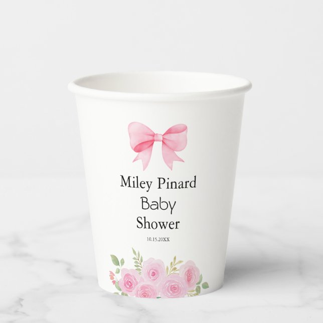 Gobelets En Papier Fête de Bébé Fleurs avec Ruban Rose (Recto)