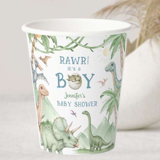Gobelets En Papier Fête de Bébé Garçon Dinosaure Rawr (Créateur téléchargé)