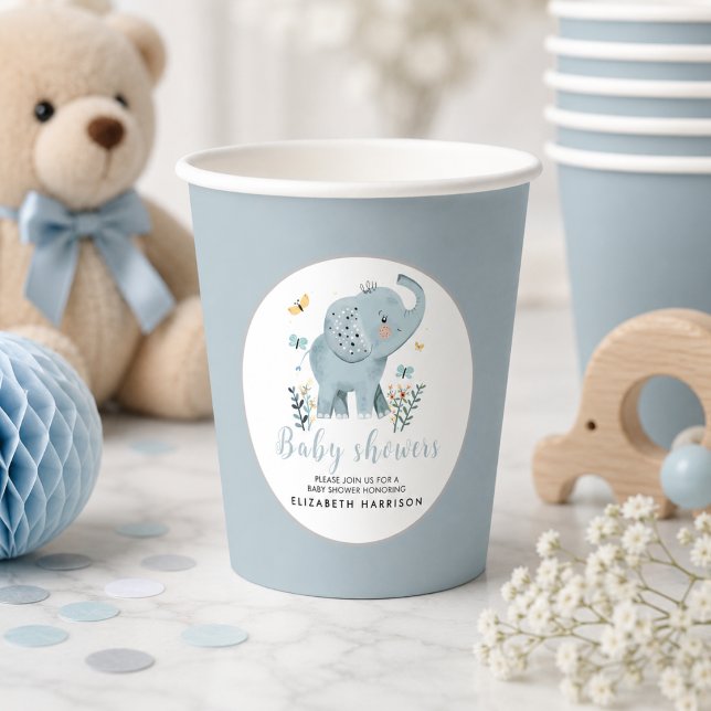 Gobelets En Papier Fête de Bébé Garçon Eléphant Bleu Adorable (Adorable Elephant Blue Baby Boy Shower Paper Cups)