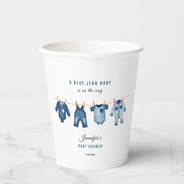 Gobelets En Papier Fête de Bébé Jean Bleu - Thème Denim (Recto)