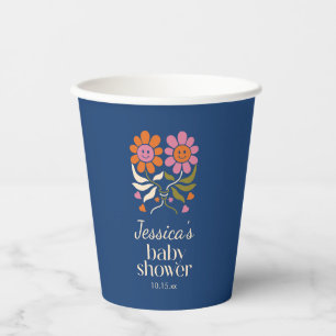 Gobelets En Papier Fête de bébé rétro Happy Daisy Bleu Nuit Mignonne