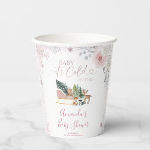 Gobelets En Papier Fête de Bébé Traîneau Flocon de Neige Rose Pastel 