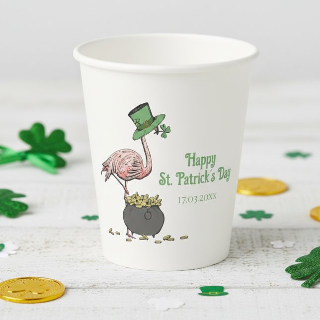 Gobelets En Papier Fête de la Saint-Patrick Flamant Roseau Irlandais (Festive Irish Happy St Patrick's Day Party Paper Cups. Funny Pink Flamingo and Green Leprechaun Hat)