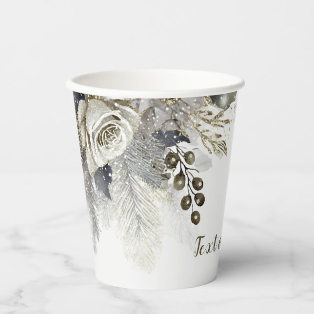 Gobelets En Papier Fête de mariage aquarelle roses blanches argent et (Recto)