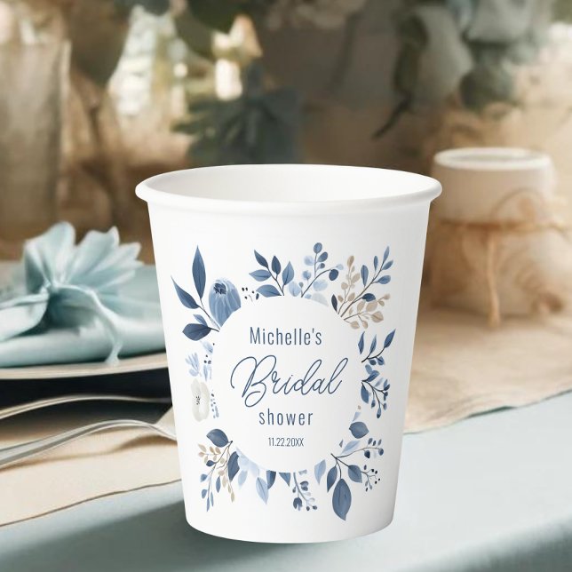 Gobelets En Papier Fête de mariage bohème florale aquarelle bleu pous (Dusty blue floral bridal shower paper cups)