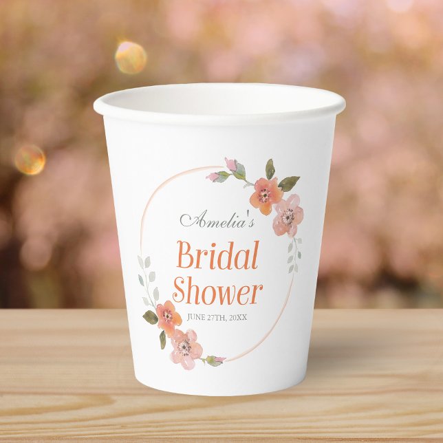 Gobelets En Papier Fête de mariage fleurie délicate et orange (Créateur téléchargé)