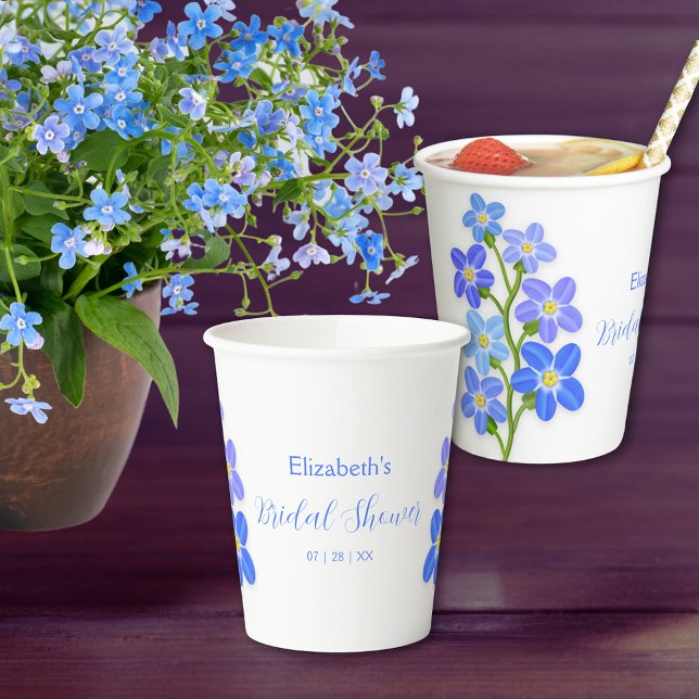 Gobelets En Papier Fête de mariage floral bleu violet Forget-Me-Nots  (Blue Purple Floral Forget-Me-Nots Bridal Shower Paper Cups)