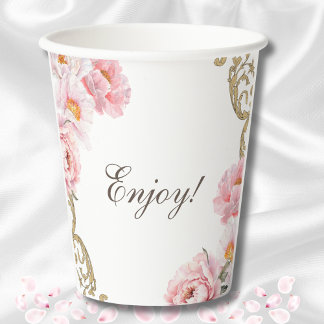 Gobelets En Papier Fête de mariage florale vintage au pivoine rose
