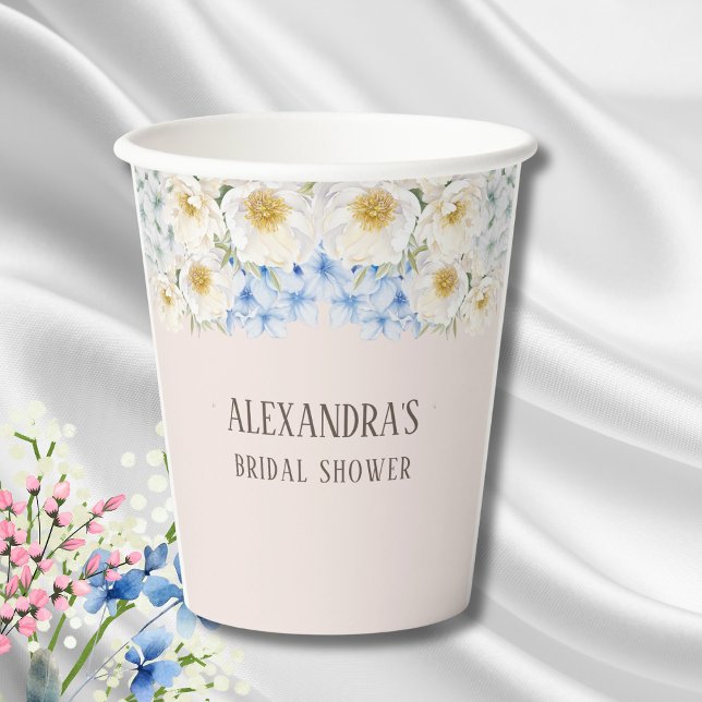 Gobelets En Papier Fête de mariage Hydrangea Bleu Floral Blanc (Créateur téléchargé)