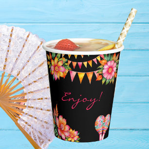 Gobelets En Papier Fête de Mariage Mexicaine Colorée aux Fleurs Roses
