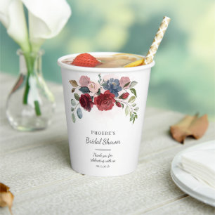 Gobelets En Papier Fête de Mariage Moderne Floral Bourguignon Blush