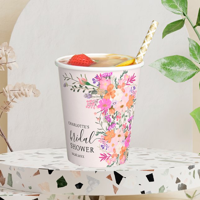 Gobelets En Papier Fête de mariage printanière avec des fleurs sauvag (Romantic pastel wild flowers spring bridal shower paper cups)