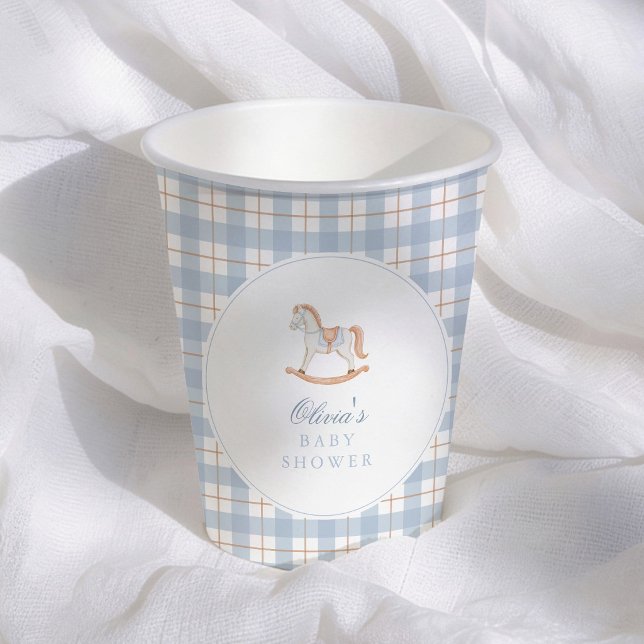 Gobelets En Papier Fête de naissance Cheval à Bascule Gingham Bleu Vi (Créateur téléchargé)