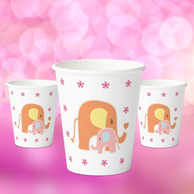 Gobelets En Papier Fête de naissance de bébé et éléphant rose Maman  (Créateur téléchargé)