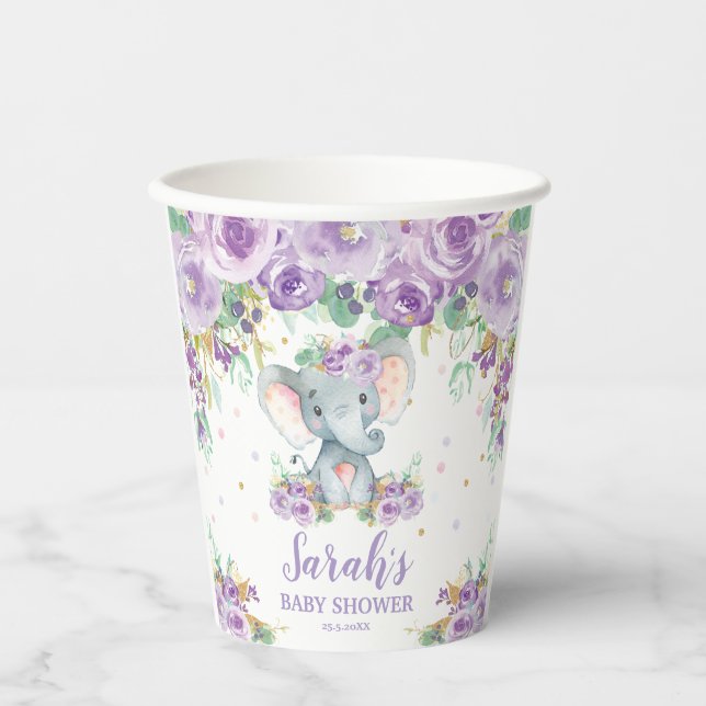 Gobelets En Papier Fête de naissance éléphant floral pourpre (Recto)