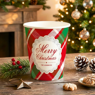 Gobelets En Papier Fête de Noël à carreaux rouges et verts en dentell