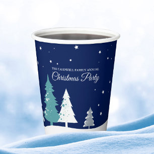 Gobelets En Papier Fête de Noël personnalisée Arbres d'hiver bleu