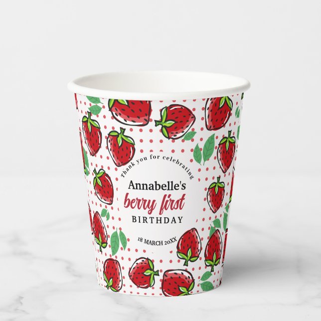 Gobelets En Papier Fête de premier anniversaire de la douce fraise (Recto)