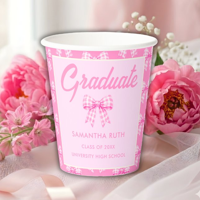 Gobelets En Papier Fête de remise de diplômes avec ruban gingham rose (Créateur téléchargé)