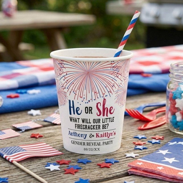 Gobelets En Papier Fête de révélation de genre Feu d'artifice 4 juill (Créateur téléchargé)