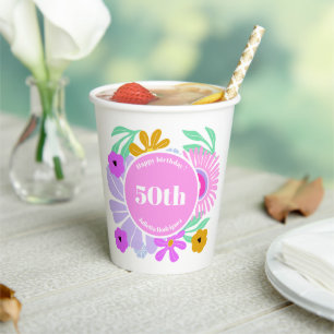 Gobelets En Papier fête des 50 ans rose florale romantique mignonne