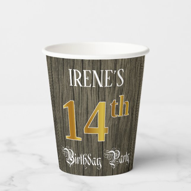 Gobelets En Papier Fête du 14e anniversaire — Faux Gold & Faux Wood L (Verso)