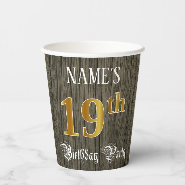 Gobelets En Papier Fête du 19e anniversaire — Faux Gold & Faux Wood L (Verso)