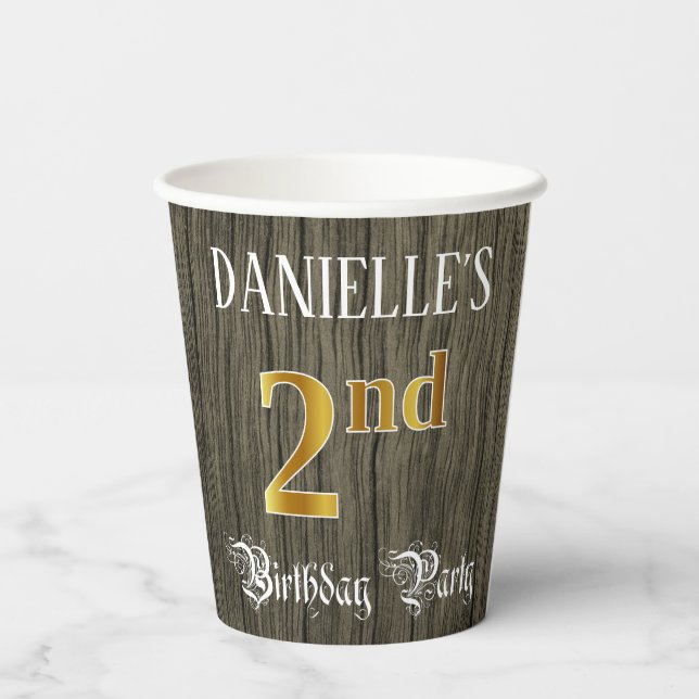 Gobelets En Papier Fête du 2e anniversaire — Faux Gold & Faux Wood Lo (Verso)