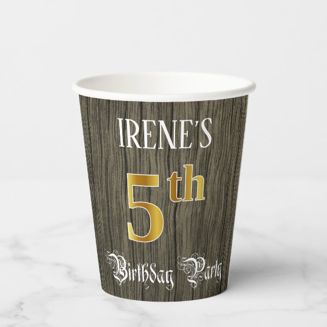 Gobelets En Papier Fête du 5e anniversaire — Faux Gold & Faux Wood Lo (Verso)