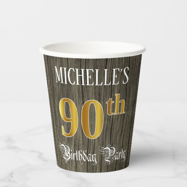 Gobelets En Papier Fête du 90e anniversaire — Faux Gold & Faux Wood L (Recto)
