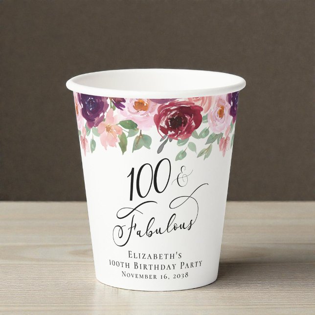 Gobelets En Papier Fête élégante de 100 ans avec des fleurs (Elegant Floral 100th Birthday Party Paper Cups)
