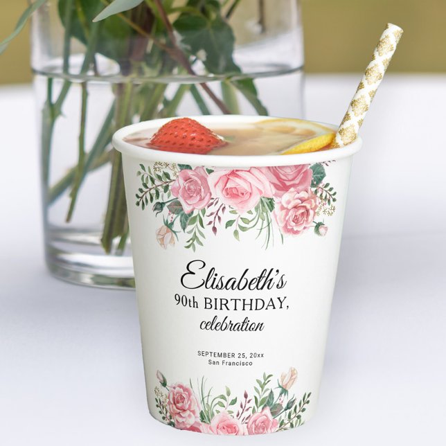 Gobelets En Papier Fête élégante de 90 ans avec thème floral  (Créateur téléchargé)