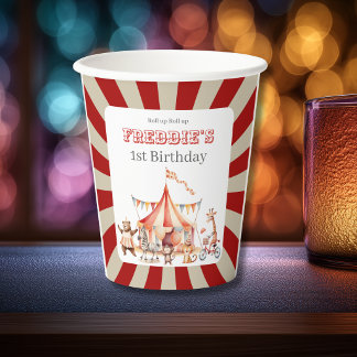 Gobelets En Papier Fête Enfants Cirque Amusante Rouge et Blanche