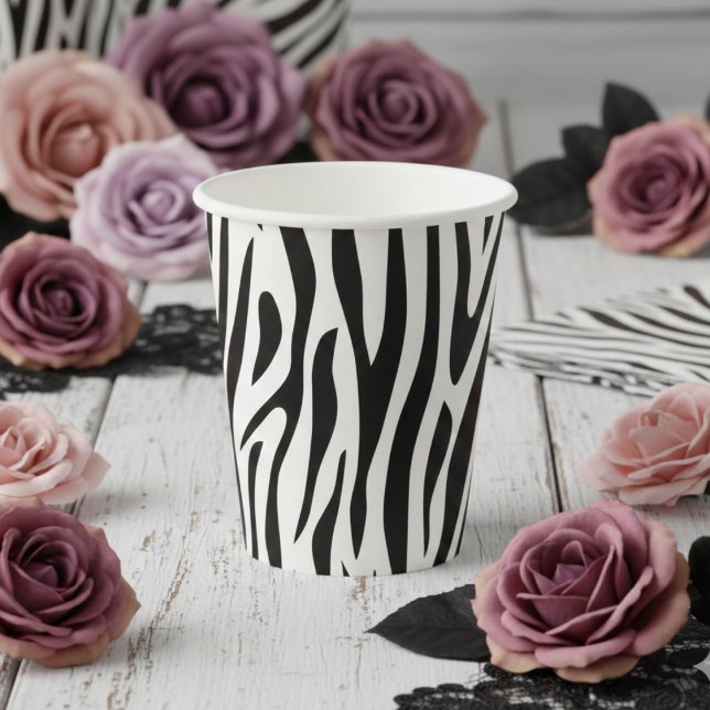 Gobelets En Papier Fête Imprimé Zèbre Noir et Blanc  (Simple Girly Zebra Print Paper Cups for Wild One Baby Shower, Safari Zoo Wild Animals Birthday Party)