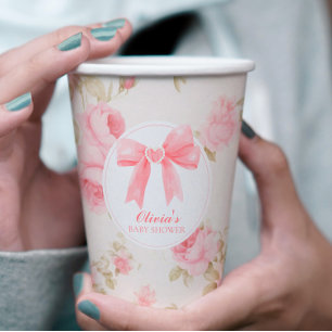 Gobelets En Papier Fête prénatale preppy avec un nœud rose et des ros