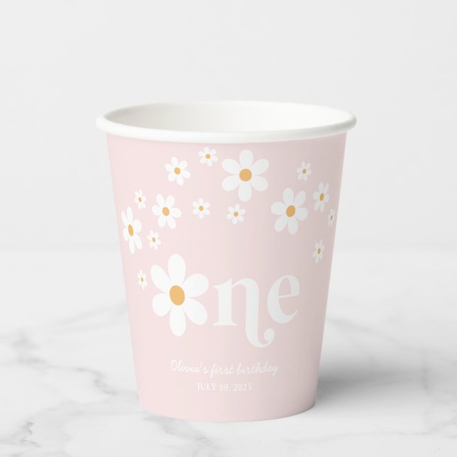 Gobelets En Papier Fête rétro daisy boho 1er anniversaire (Recto)