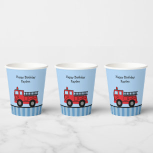 Gobelets En Papier Feu Camion Bleu et Rouge rayé Anniversaire