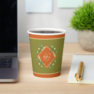 Gobelets En Papier Feuilles automnales orange et vert monogramme