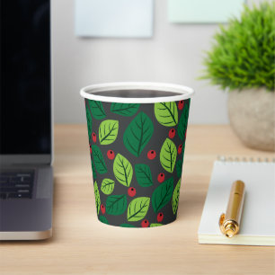 Gobelets En Papier Feuilles verts, Berries Rouges, Motif Des Feuilles