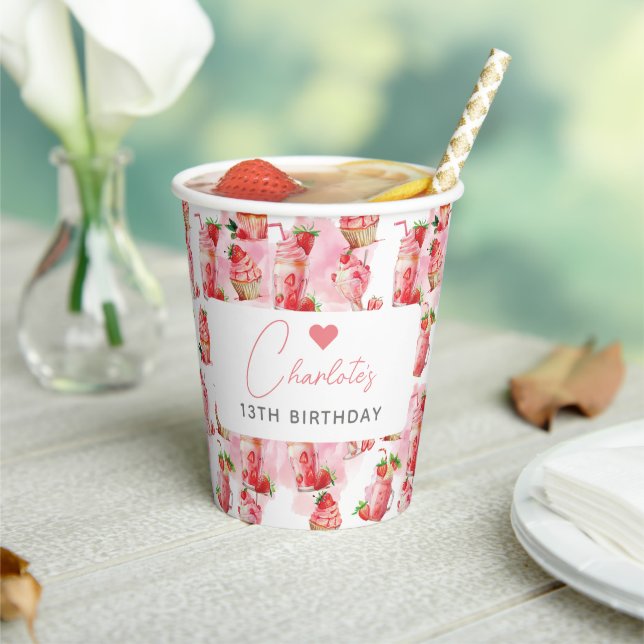 Gobelets En Papier Fille Anniversaire Milkshake aux fraises personnal (Insitu)